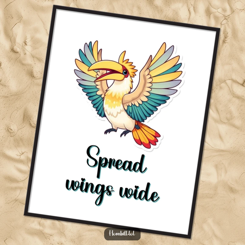 Funny Digital Art Print: A hornbill bird soaring mid-flight with colorful wings spread wide in a moment of pure elation.