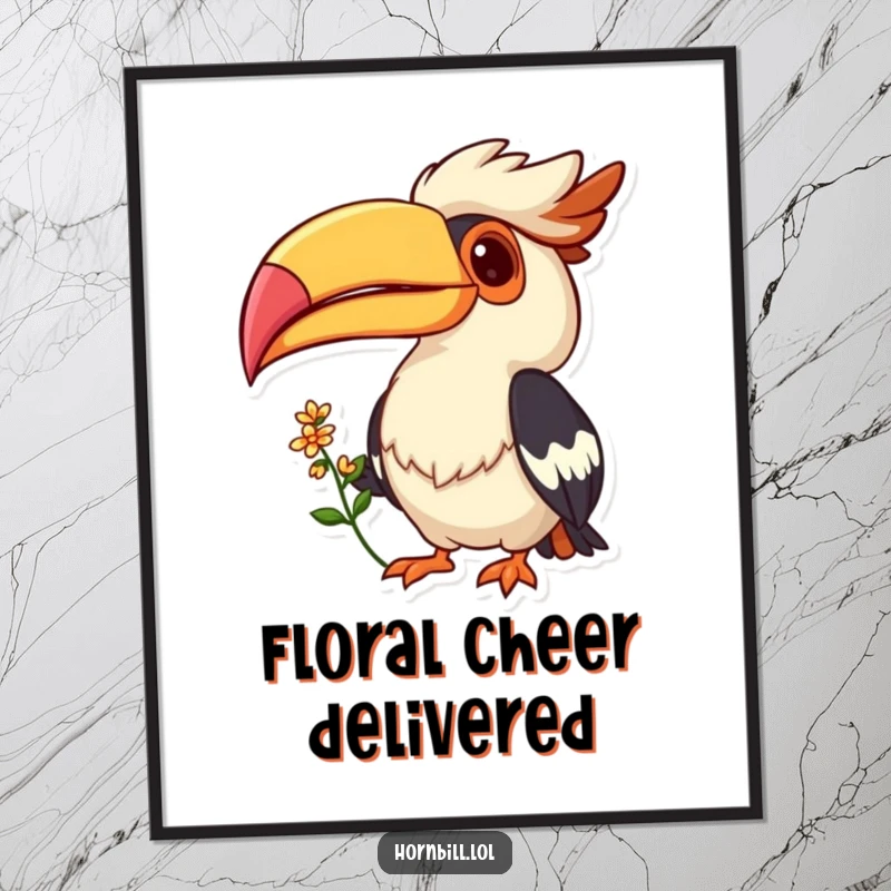 Funny digital art print of a cheerful Hornbill bird with a wide grin, offering a small flower, bringing warmth and charm to any room.
