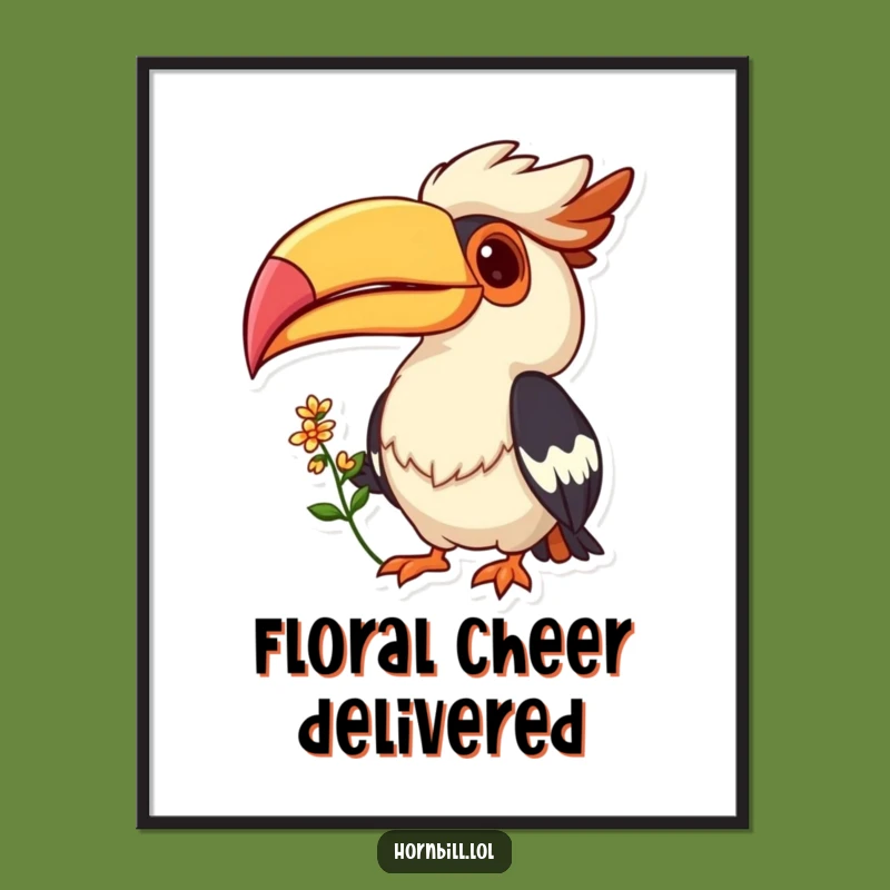 Funny Hornbill Grin Digital Art: Flower Offering Bird Print, Gift