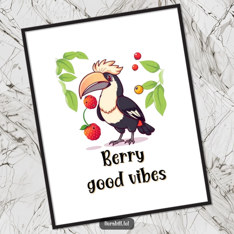 Funny hornbill digital art print of a bird juggling colorful berries, offering immediate downloadable whimsy and humor for wall decoration.