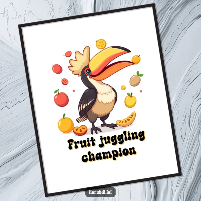 Funny Hornbill Digital Art: High-resolution artwork of a happy bird juggling a vibrant assortment of fruits with its impressive beak.