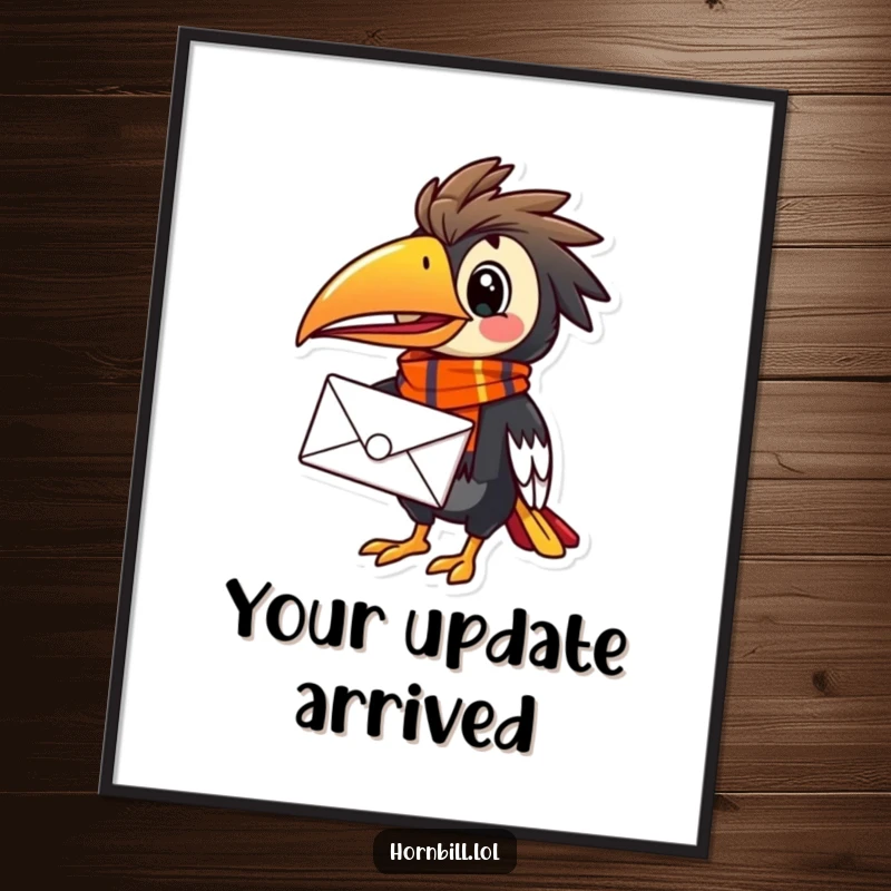 Funny Hornbill Mail Carrier Digital Art, a vibrant illustration of a happy bird with a scarf delivering a letter.