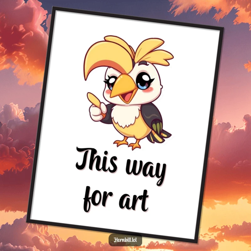 Funny kawaii hornbill digital art print of a cheerful bird pointing with its beak, ideal for instant, humorous decoration.
