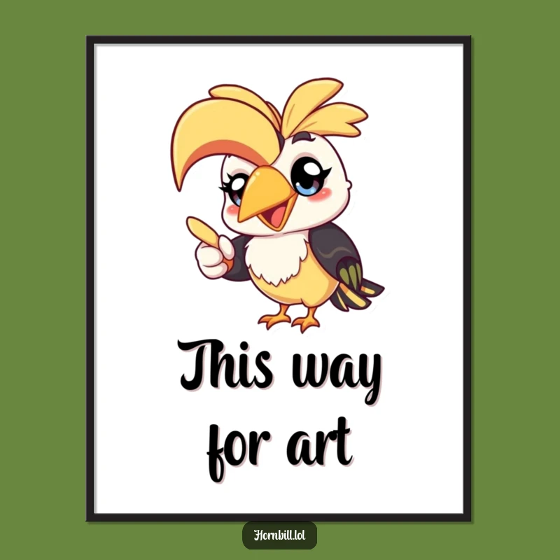 Funny Kawaii Hornbill Digital Art: Cheerful Bird Pointing, Instant Gift