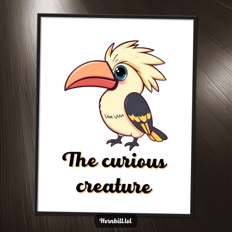 Funny Kawaii Hornbill Digital Art Print: Hornbill tilting casque curiously, cute inquisitive illustration, instant funny gift.