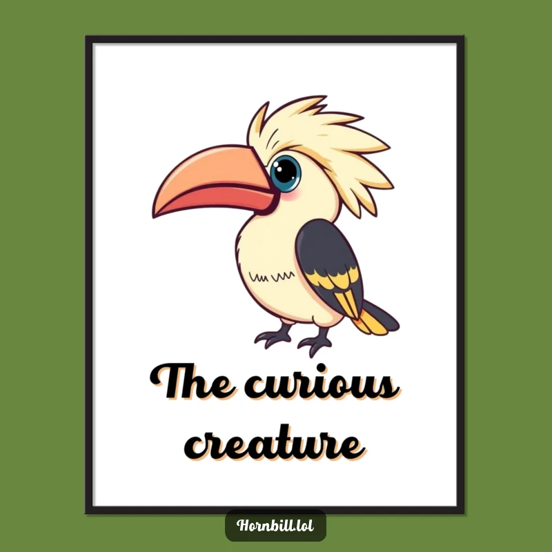 Funny Kawaii Hornbill Digital Art: Curious Bird Illustration, Instant Funny Gift