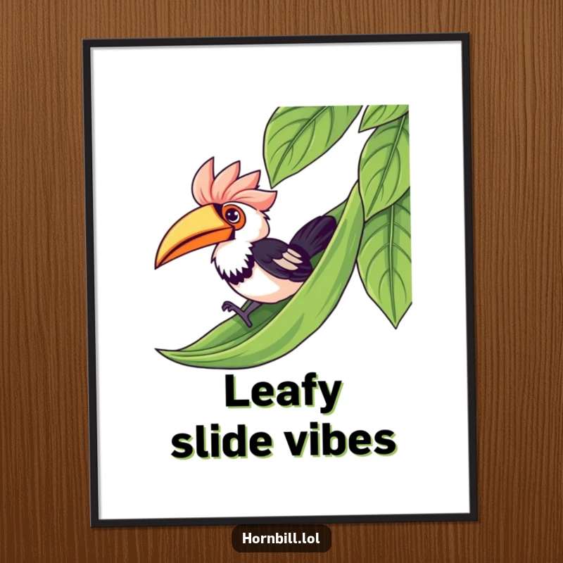 Funny kawaii hornbill captured mid-slide on a leaf, a delightful and humorous digital artwork ready to be printed.