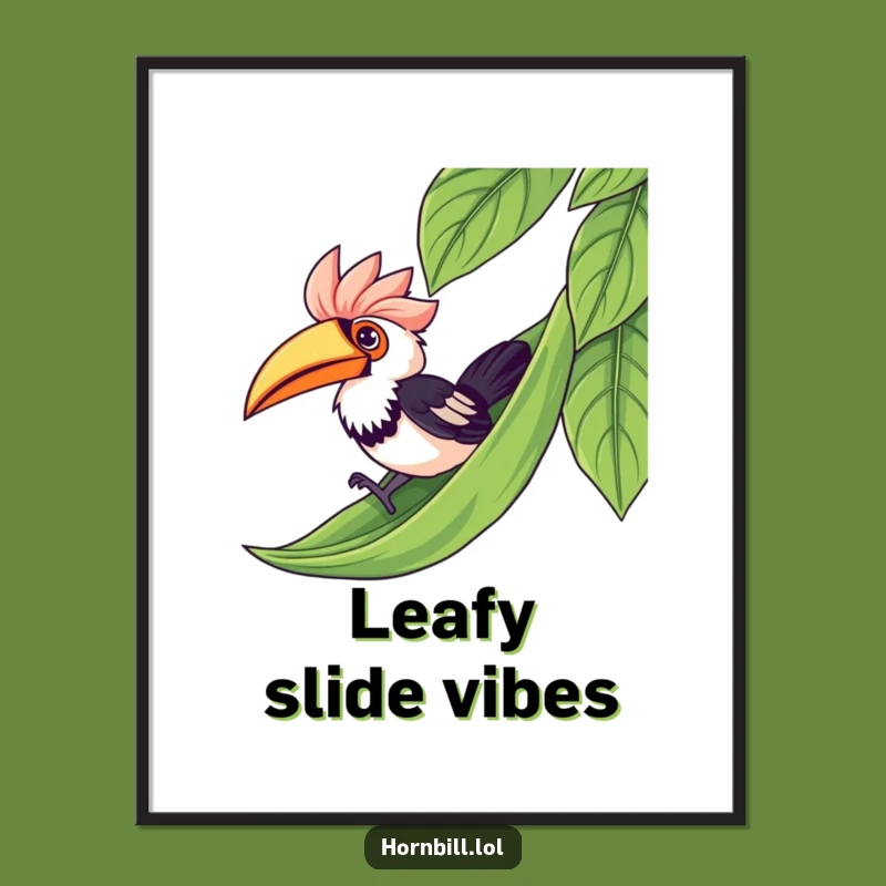 Funny Kawaii Hornbill Leaf Slide Digital Print - Instant Joyful Bird Art
