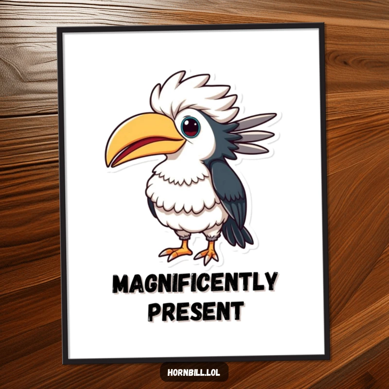 Funny hornbill digital art print of a bird humorously puffing out its chest in a proud, comical pose, ready for instant download.