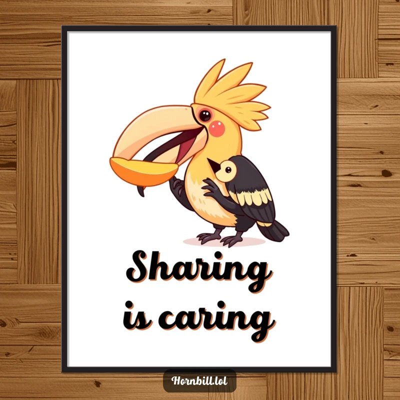 Funny hornbill digital art print featuring a bird sharing fruit with another, offering instant heartwarming humor for wall decoration.