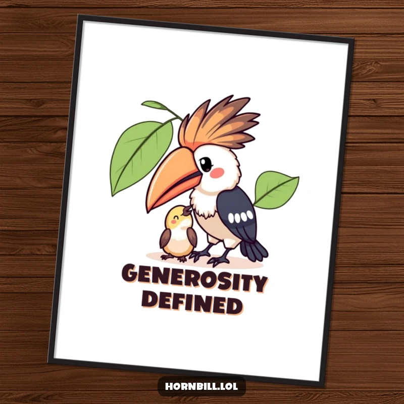 Funny Kawaii Hornbill Digital Art Print: A cute illustration of a hornbill sharing fruit, symbolizing kindness and adorable companionship.