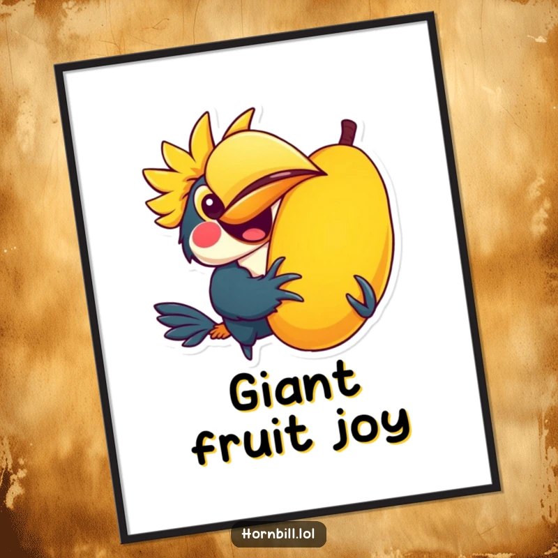 Funny digital art print of a kawaii hornbill character joyfully holding a giant, colorful fruit, ready to frame.