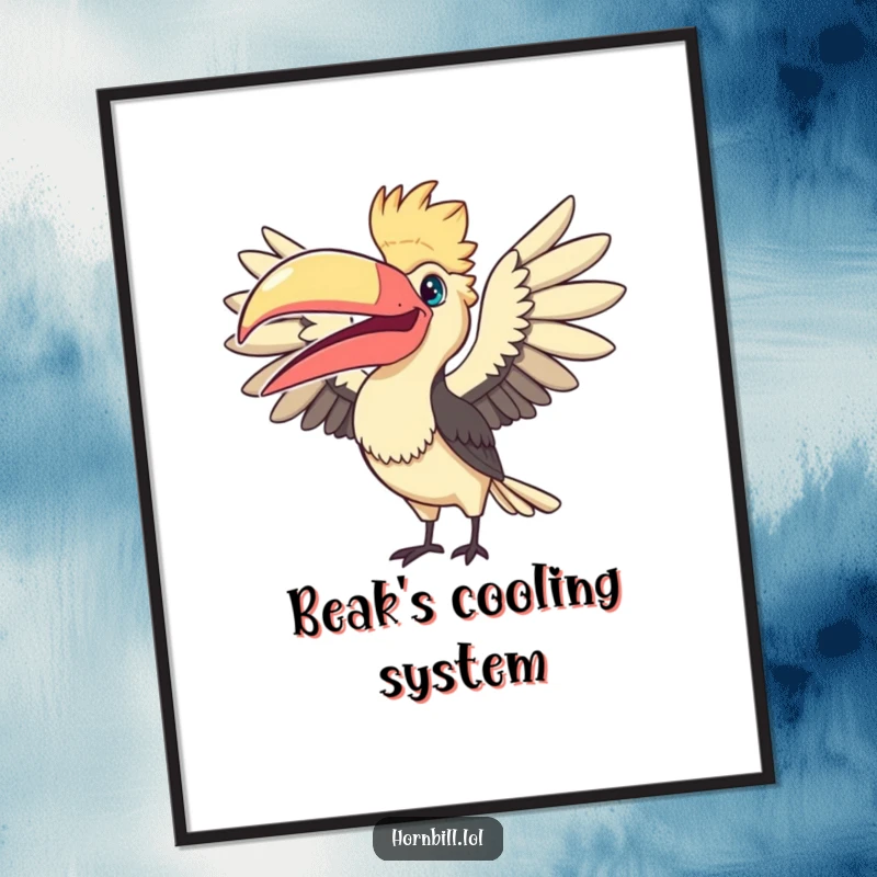 Funny Fanning Hornbill Digital Art Print: a whimsical illustration of a bird humorously fanning its large beak, for instant decor.