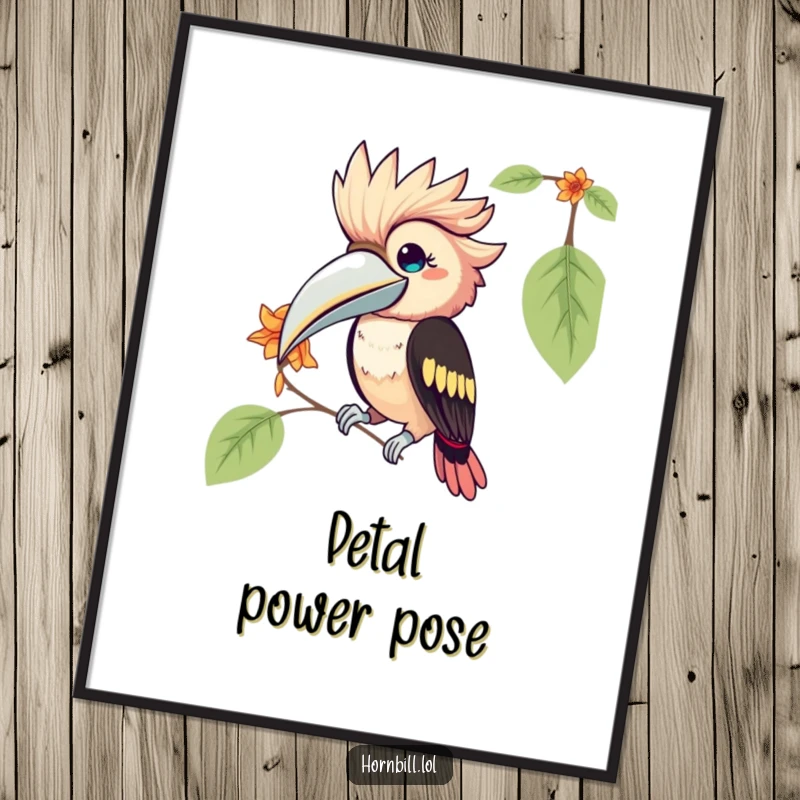 Funny Kawaii Hornbill Digital Art Print: a charming illustration of a bird humorously pecking at a flower petal, ready for instant display.