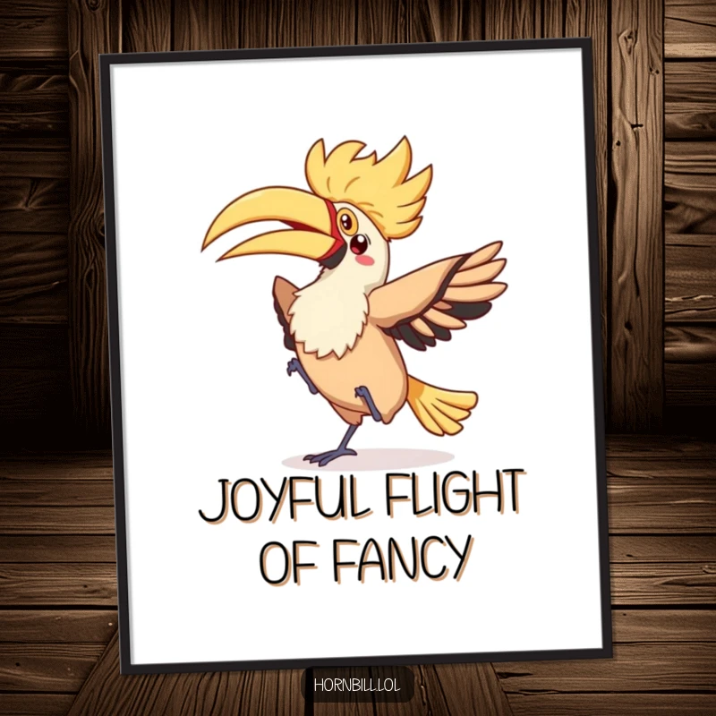 Funny kawaii hornbill performing a silly flappy dance with a fluttery tail, available as a downloadable digital art print.