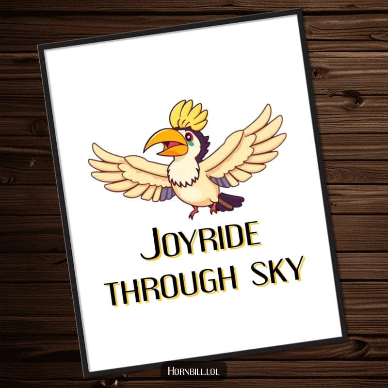 Funny Hornbill Rainbow Flyer Digital Art, an illustration of a hornbill joyfully flying through a vibrant rainbow.