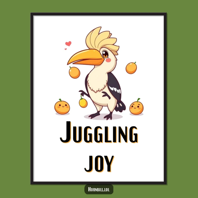 Funny Hornbill Juggling Fruits Digital Print - Instant Playful Bird Art