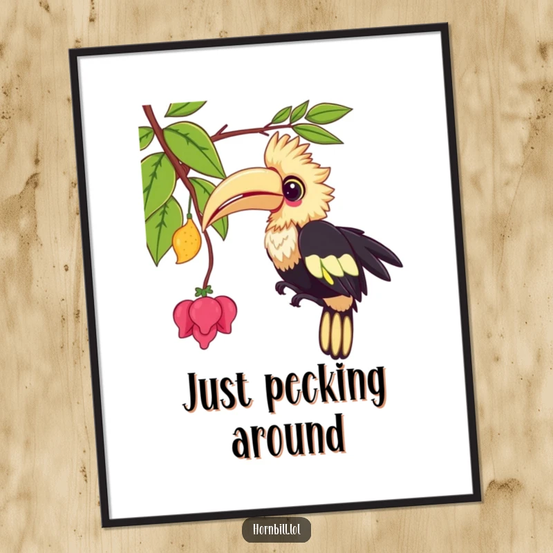 Funny kawaii hornbill digital art print of a cute bird playfully pecking at a vine, ideal for humorous decor.
