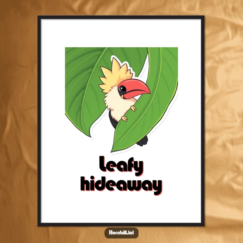Funny chubby hornbill peeking from behind a large green leaf, a charming and humorous digital artwork.