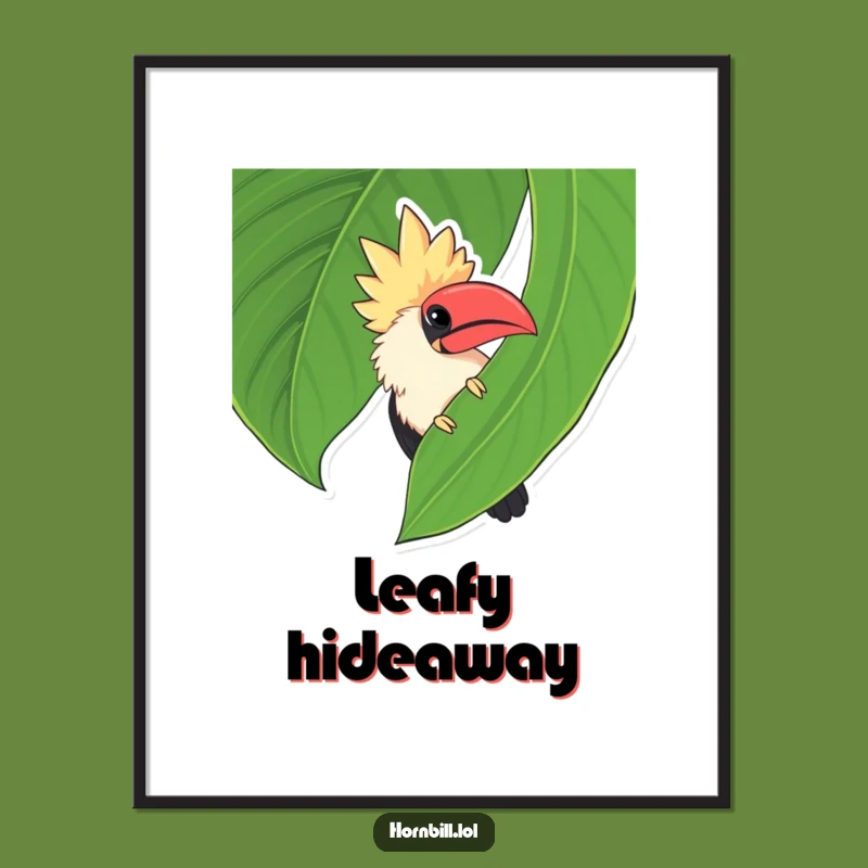 Funny Chubby Hornbill Leaf Peek Digital Print - Instant Cute Bird Art