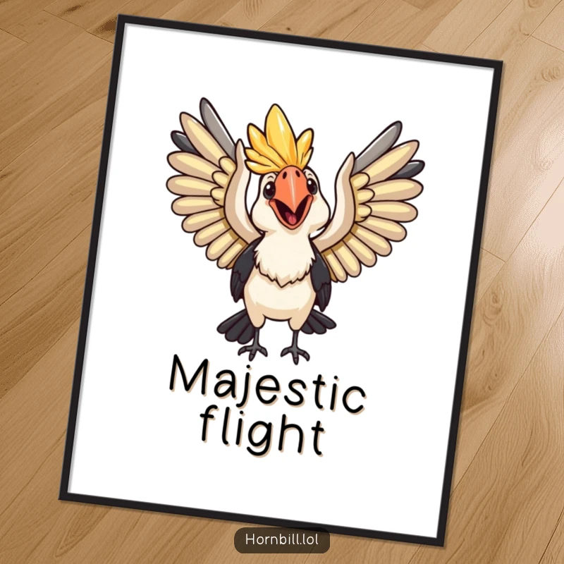 Funny Digital Art Print: A happy hornbill with wings spread wide, ready for flight, bringing instant joy.