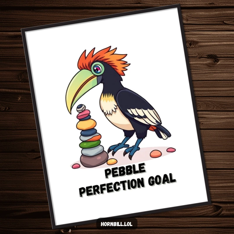 Funny digital art print of a cute hornbill bird with a determined look, balancing a colorful stack of pebbles on its beak.