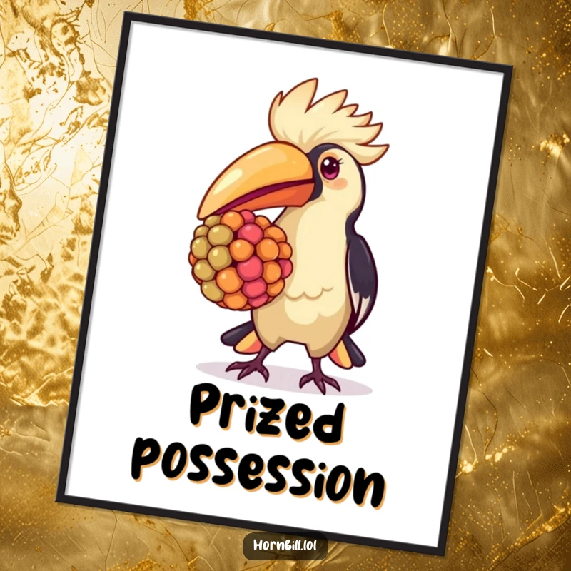 Kawaii hornbill digital art print, depicting a proud hornbill carrying a large, colorful berry, cute and funny.