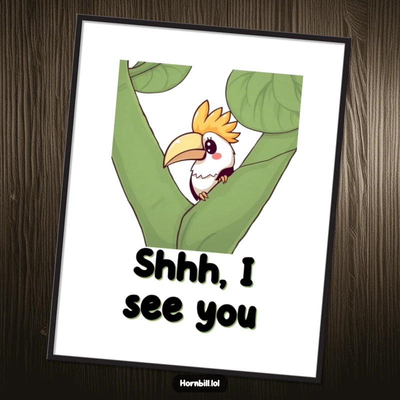 Funny Kawaii Hornbill Digital Art Print of a curious bird peeking from behind a leafy branch, perfect for instant decor.