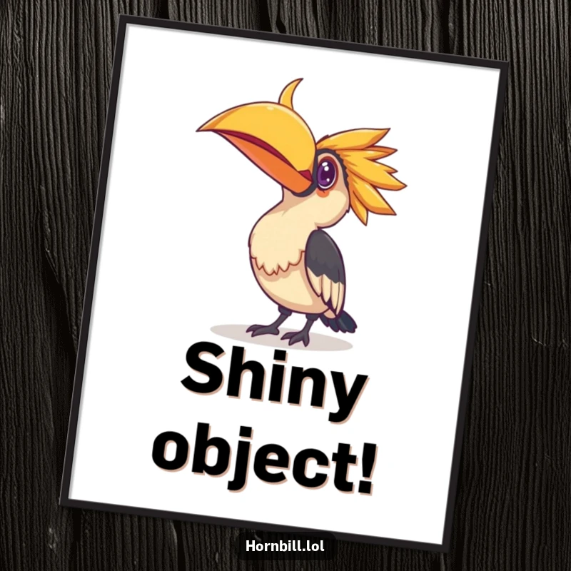 Funny digital art of a hornbill bird tilting its head curiously at a small, gleaming shiny object, capturing a moment of wonder.