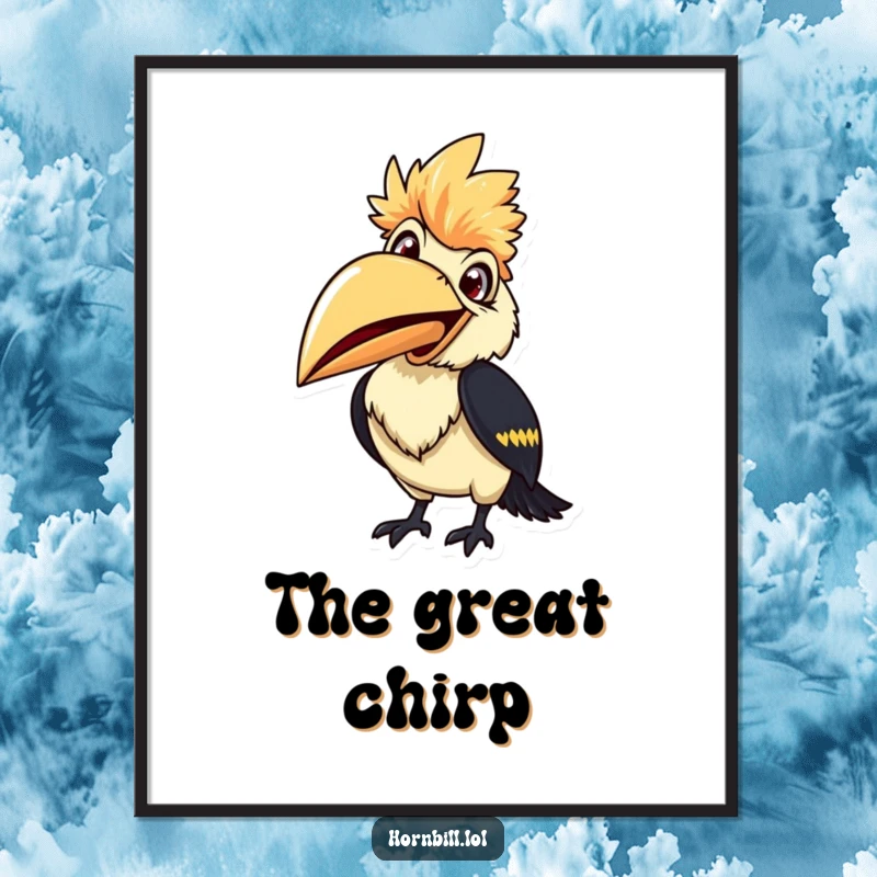 Smiling hornbill digital art print, beak wide open, ready to chirp, exuding cheerful and funny avian energy.