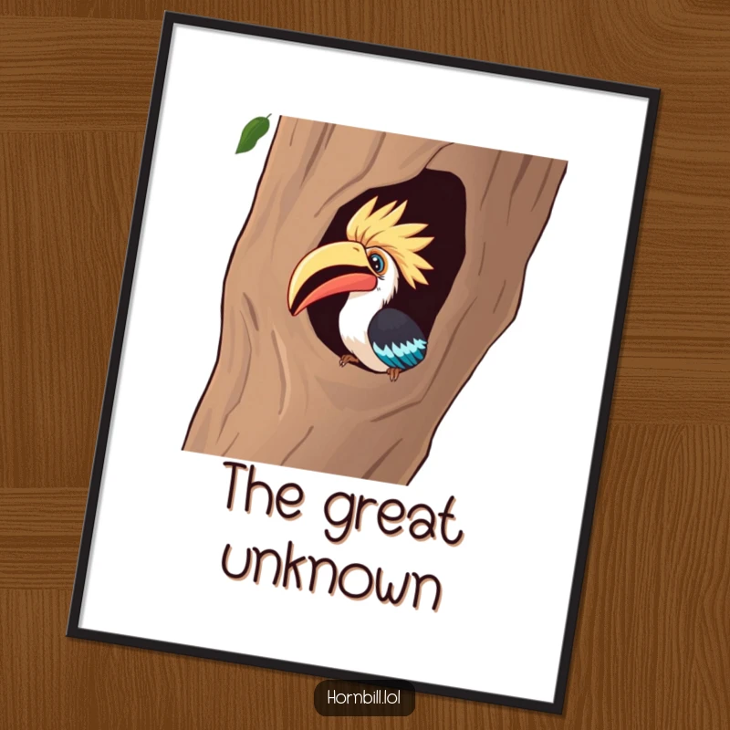 Funny Digital Art Print: Features a curious hornbill intensely peeking into a hollow tree, exuding humorous fascination and wonder.