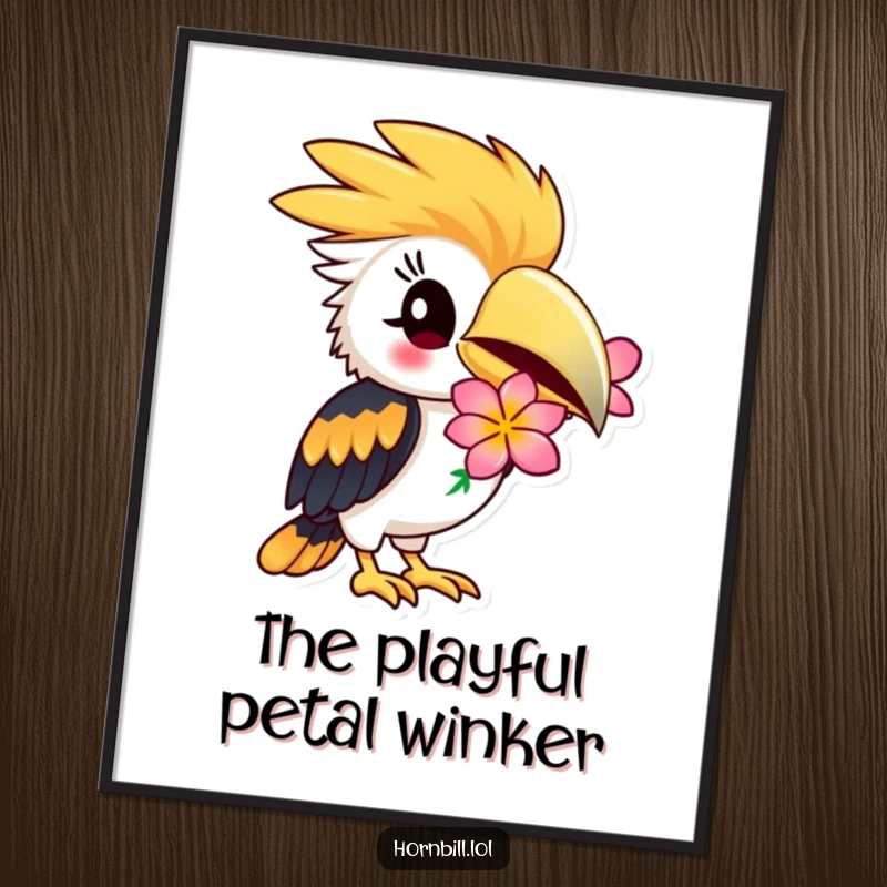 Funny Hornbill Digital Art Print: Hornbill winking playfully, holding a flower, charming illustration, instant funny gift.