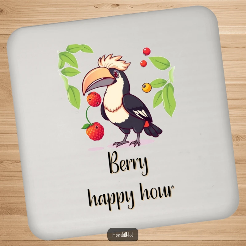 Funny hornbill drink coasters illustrated with a bird juggling colorful berries, ideal for protecting surfaces with a humorous and artistic flair.