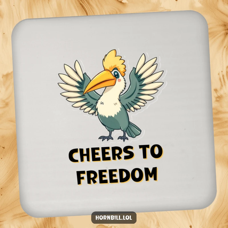 Funny Hornbill Coaster: A hornbill character stretching its wings wide with a triumphant flourish, a celebratory funny gift.