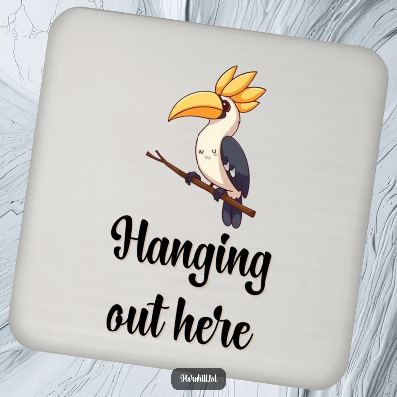 Cute hornbill coaster, perched on a branch, tilting its head curiously, offering funny and adorable surface protection.