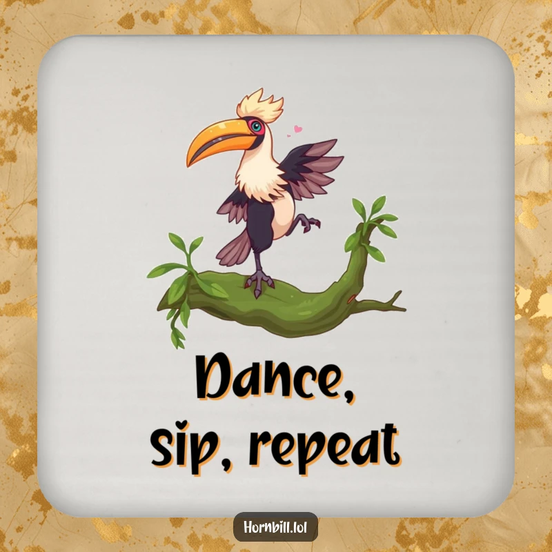 Funny Hornbill Dance Coaster: A hornbill dances on a mossy branch, offering funny protection and a touch of quirky style.