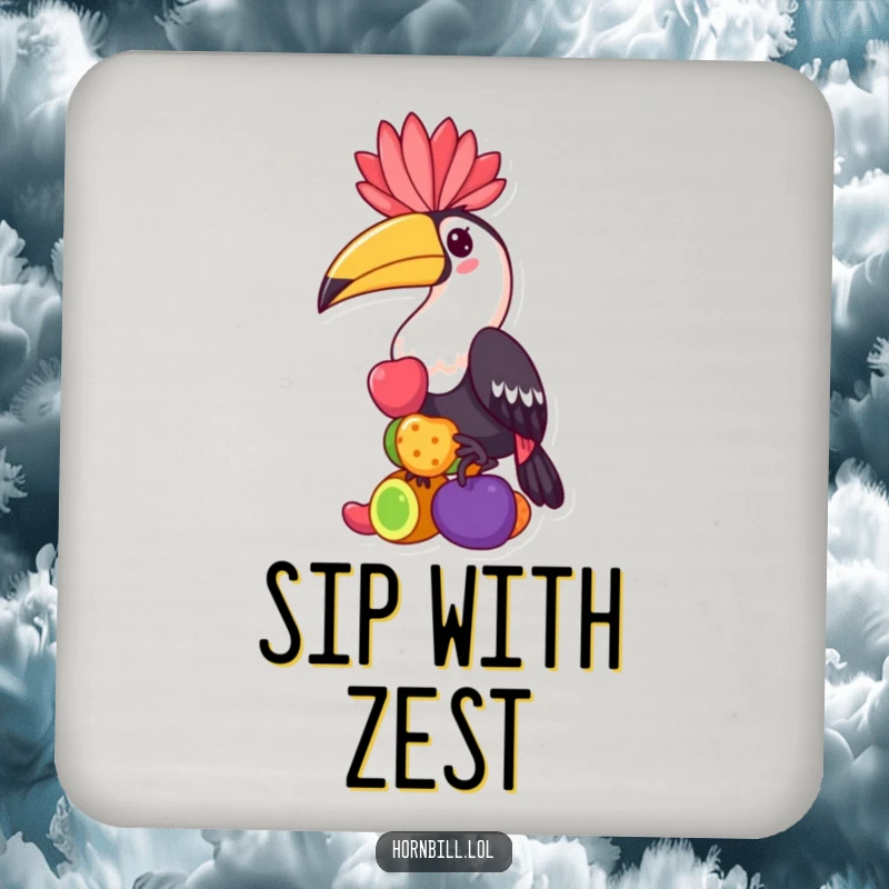 Funny hornbill drink coaster, a kawaii bird balancing colorful fruits, adding whimsical and protective charm to tabletops.