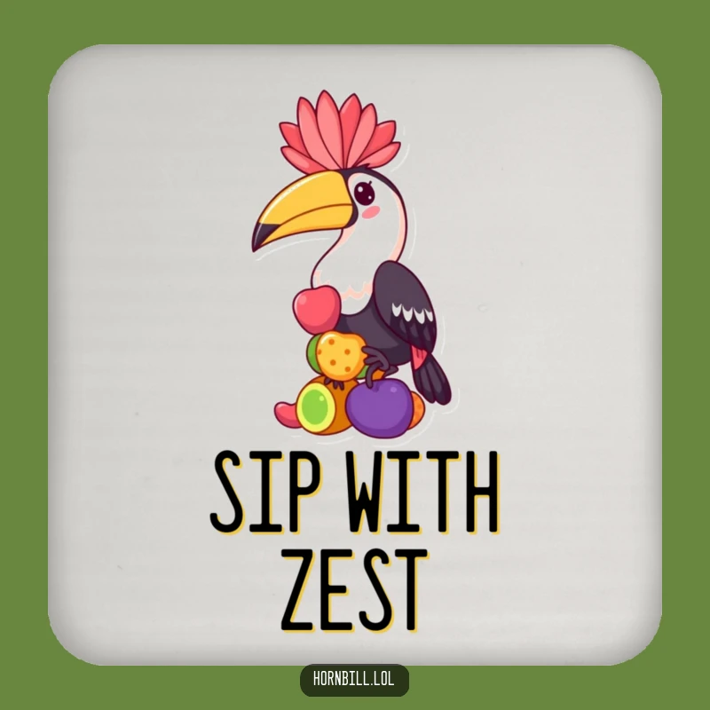 Funny Hornbill Drink Coaster: Kawaii Bird Balancing Fruits, Protect Surfaces with Humor