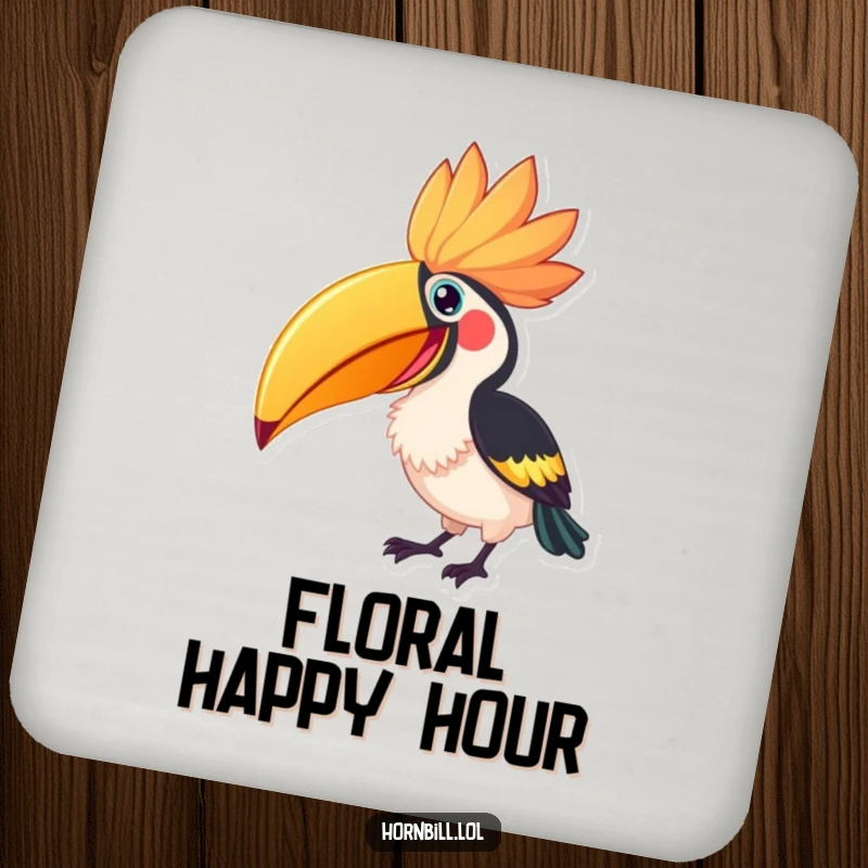 Funny Hornbill Flower Peck Coaster, featuring an excited hornbill pecking at a large flower, protecting surfaces.