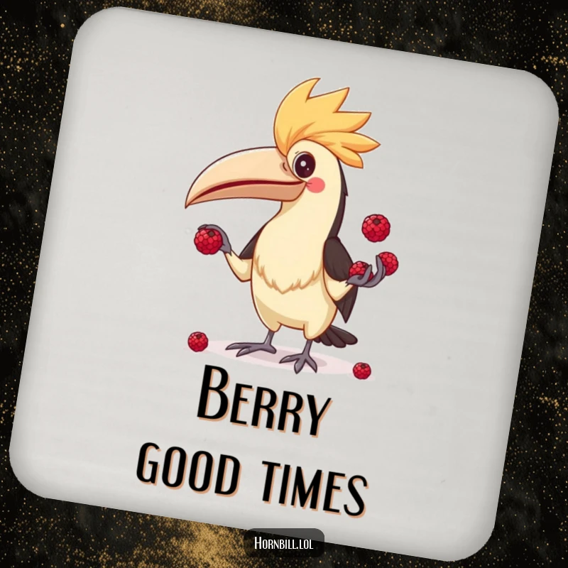 Funny Hornbill Juggler Coaster, featuring a comical bird attempting to juggle berries, protecting surfaces.
