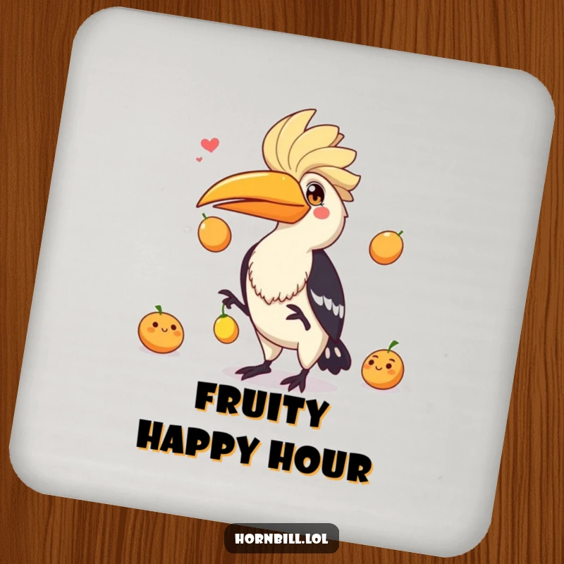 Funny hornbill juggling three fruits with a playful expression, bringing a humorous and skillful touch to this drink coaster.
