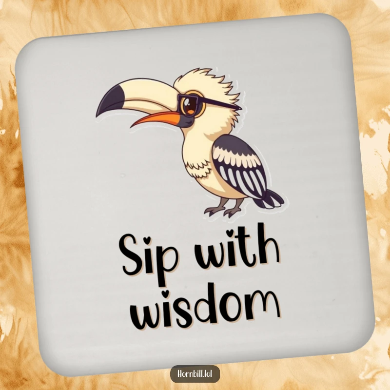 Funny hornbill wearing tiny spectacles, looking studiously at a large feather, designed as a protective and humorous drink coaster.
