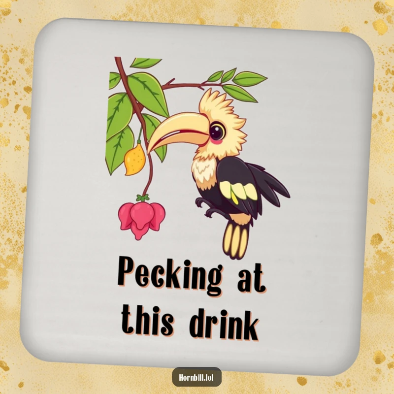 Funny kawaii hornbill drink coaster, illustrating a cute bird playfully pecking at a vine, a humorous and practical item.