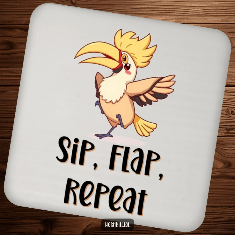 Funny kawaii hornbill performing a silly flappy dance with a fluttery tail, illustrated on a protective drink coaster.
