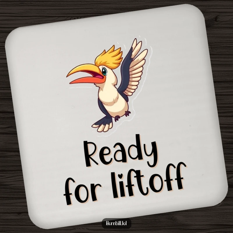 Funny kawaii hornbill looking excited, about to take flight, illustrated on a protective drink coaster.
