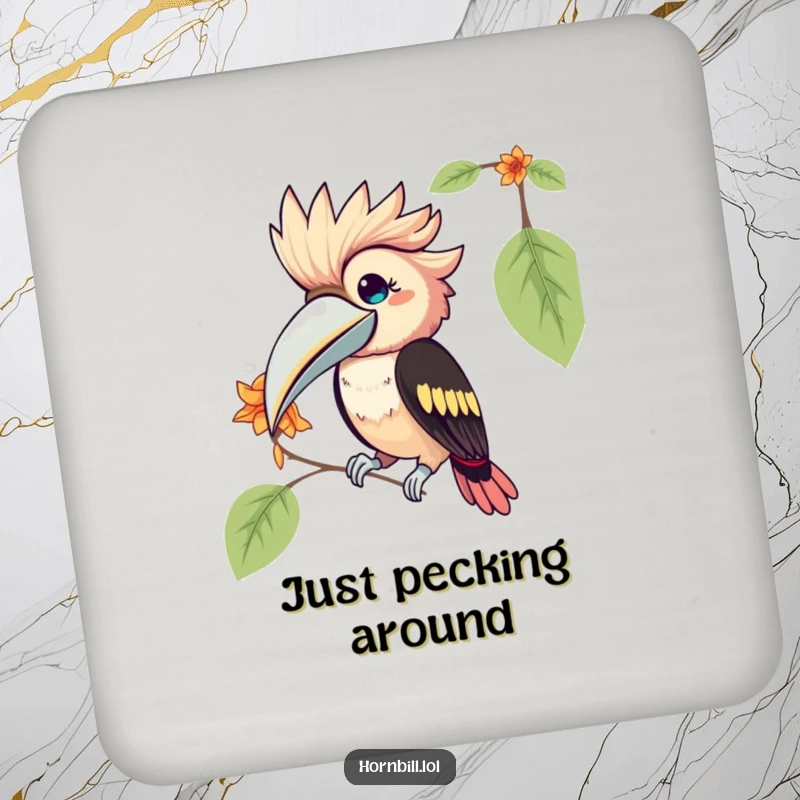 Funny Kawaii Hornbill Drink Coasters: a set of coasters featuring a cute bird humorously pecking at a flower petal, protecting furniture.