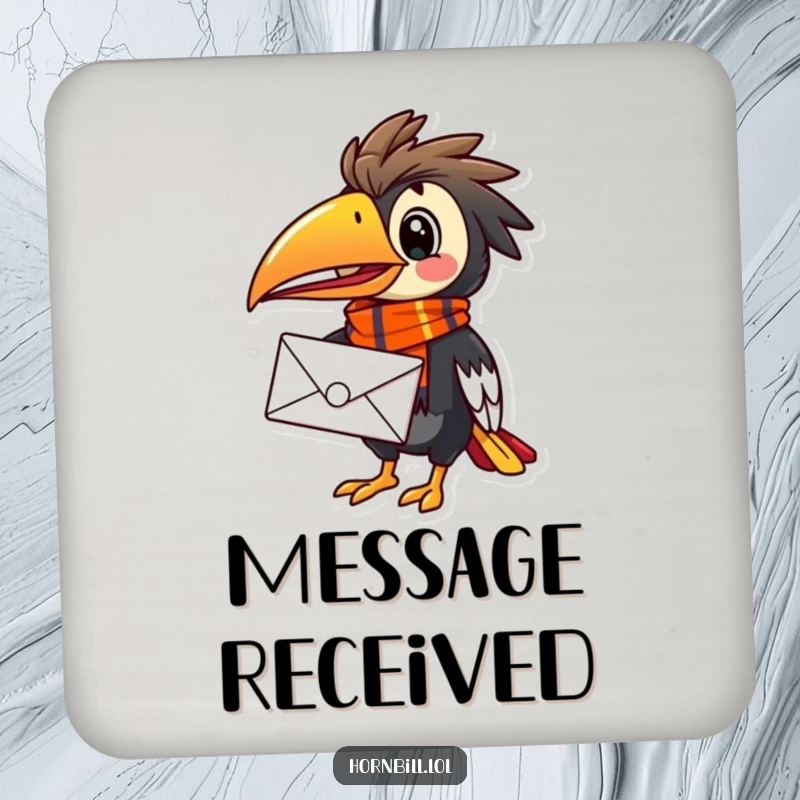 Funny Hornbill Mail Carrier Coaster, showing a happy bird in a scarf, diligently protecting surfaces from drinks.