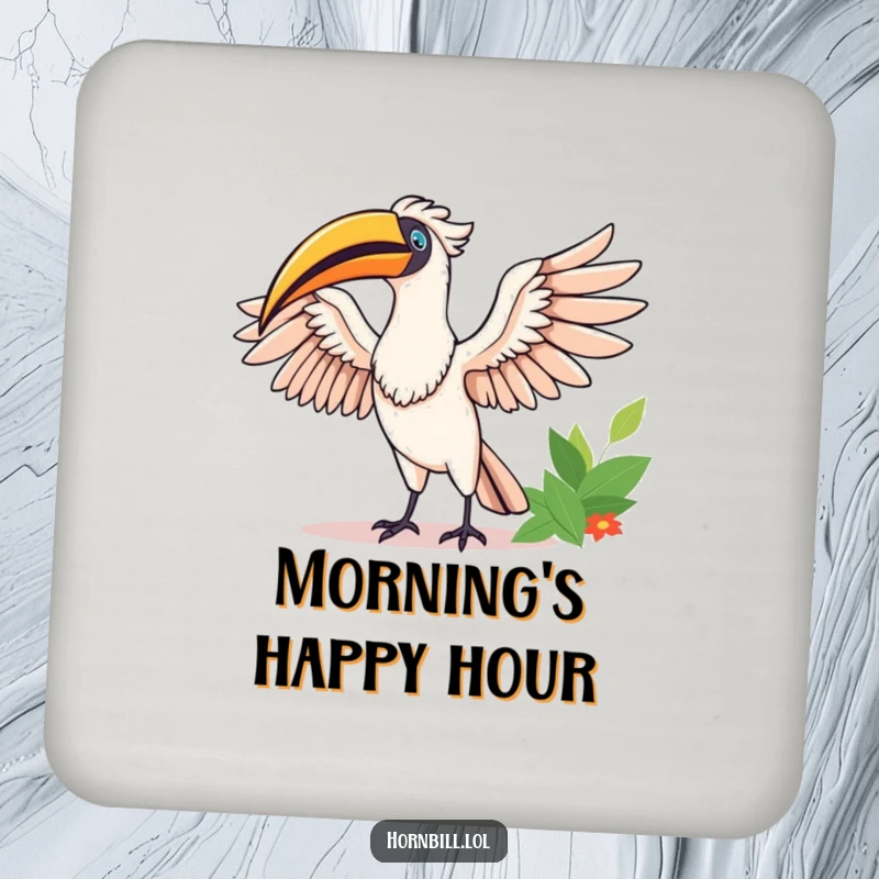 Funny Happy Hornbill Coaster: A jubilant hornbill stretches its wings in the sun, offering funny protection and a bright accent.