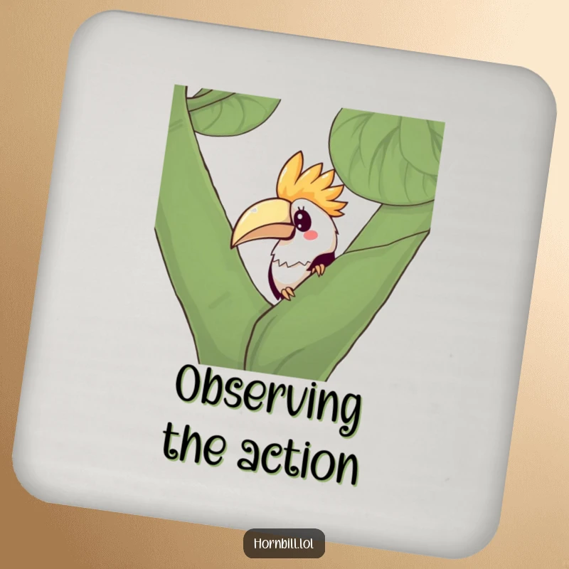 Funny Kawaii Hornbill Coaster featuring a curious bird peeking from behind a leafy branch, adding playful protection.