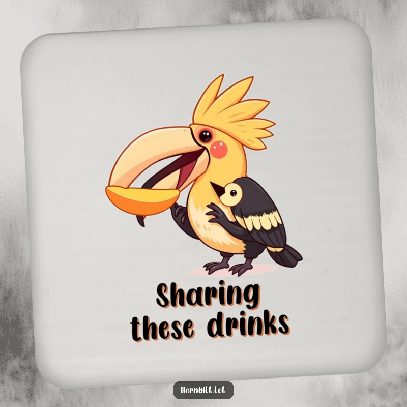 Funny hornbill drink coasters depicting a bird sharing fruit with another, perfect for protecting surfaces with a heartwarming and humorous design.